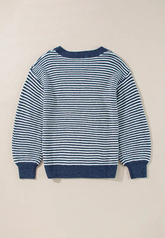 Blue and white striped long sleeve sweater, ribbed boat neckline (back, flat lay)