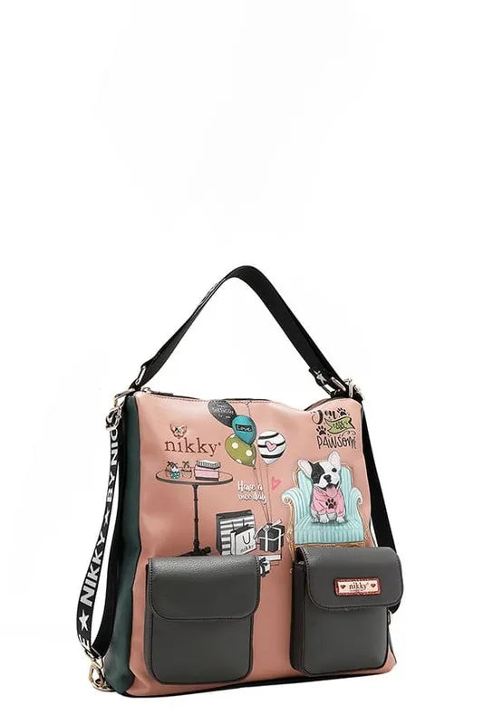 Apricot graphic backpack with front pocket and adjustable shoulder straps