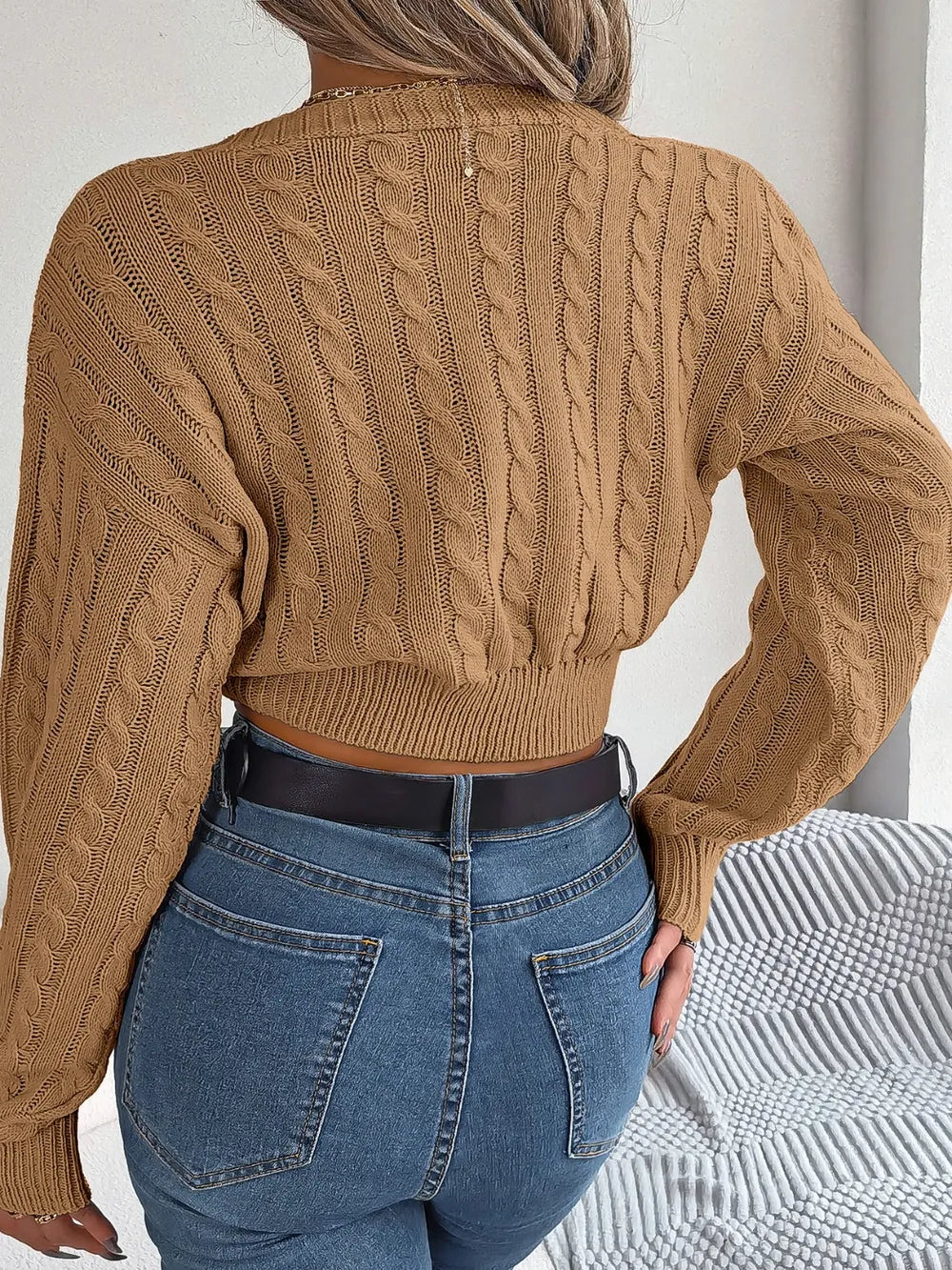 Camel twisted cable-knit V-neck sweater, long sleeves, back view