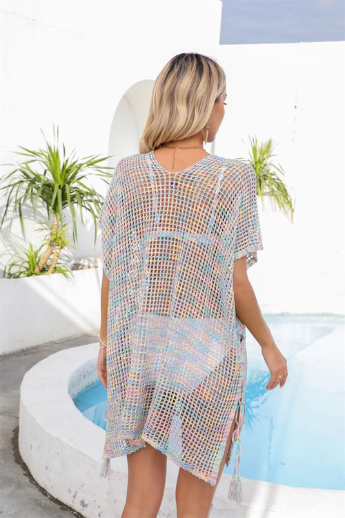 Openwork V-neck cover-up dress, open back view with short sleeves and tassels