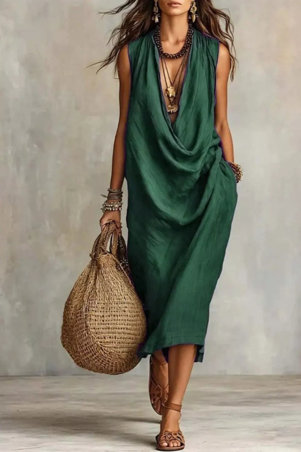 Dark green sleeveless drape-neck midi dress with cowl neckline and twisted wrap front.