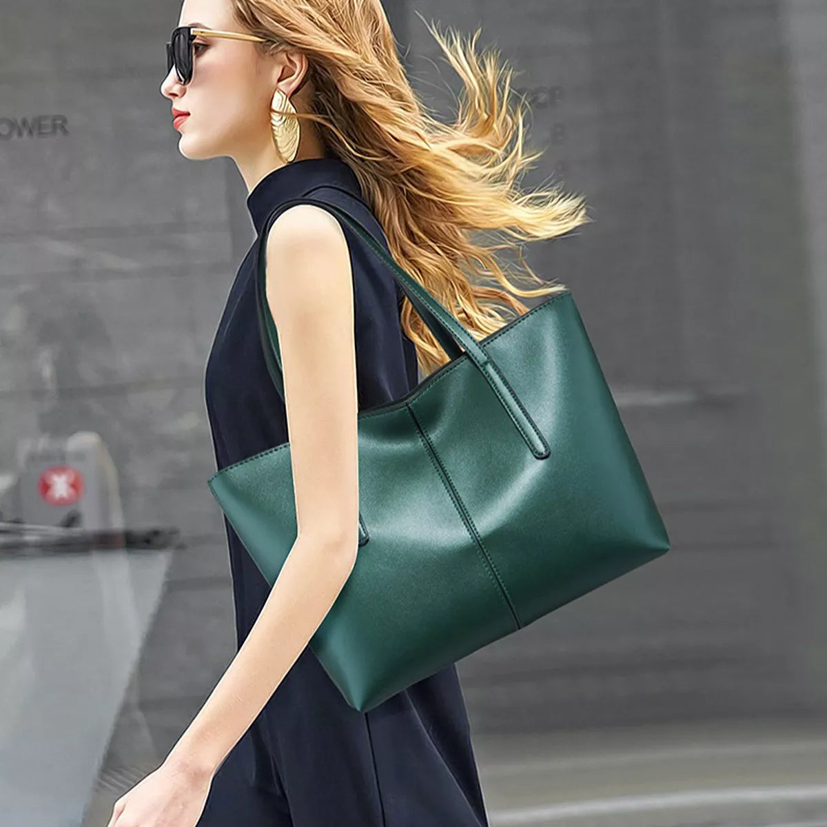 Green vegan leather tote bag with top handles and side seams