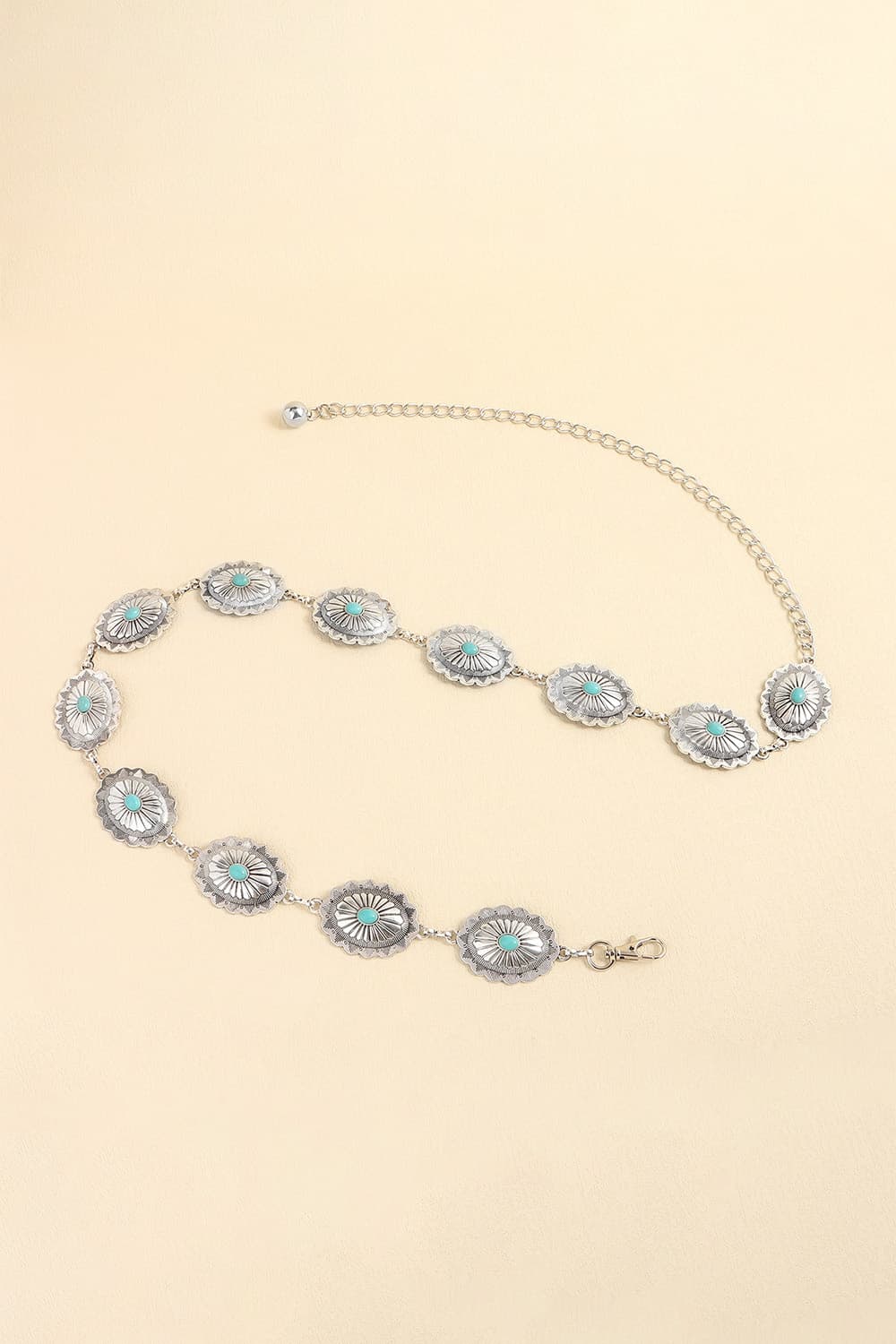 Vintage turquoise alloy belt with oval turquoise inlay beads and adjustable silver chain