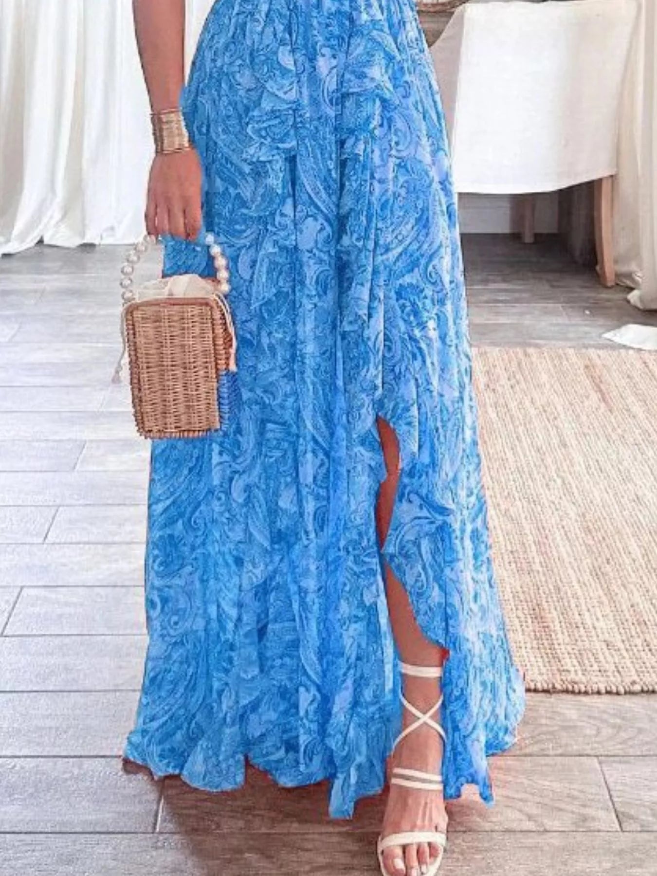 Cedar & Moore Full Size Blue Ruffled Cutout V-Neck Maxi Dress Plus Size with Slit.