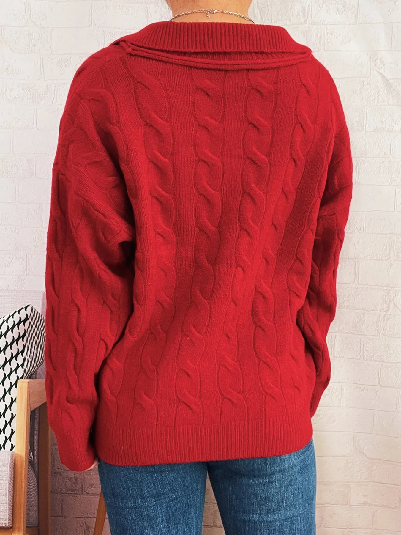 Red cable knit Johnny-collar sweater, cable pattern, ribbed cuffs and hem
