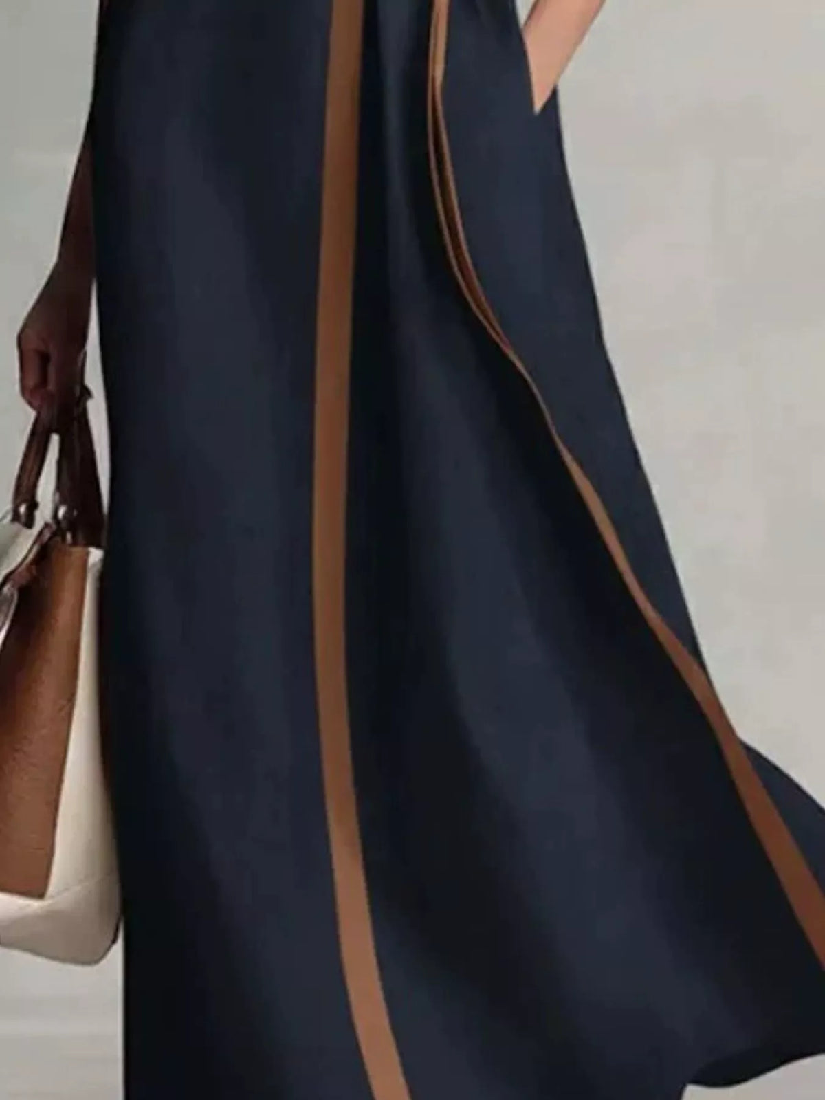 Dark blue belted wrap maxi dress with contrast trim seam and draped side panel
