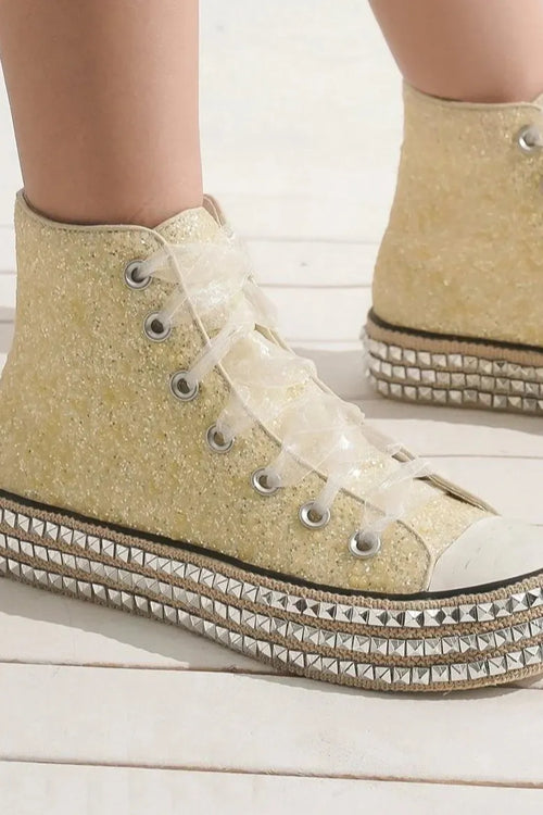 Gold glitter lace-up high-top sneaker with studded platform outsole and laces