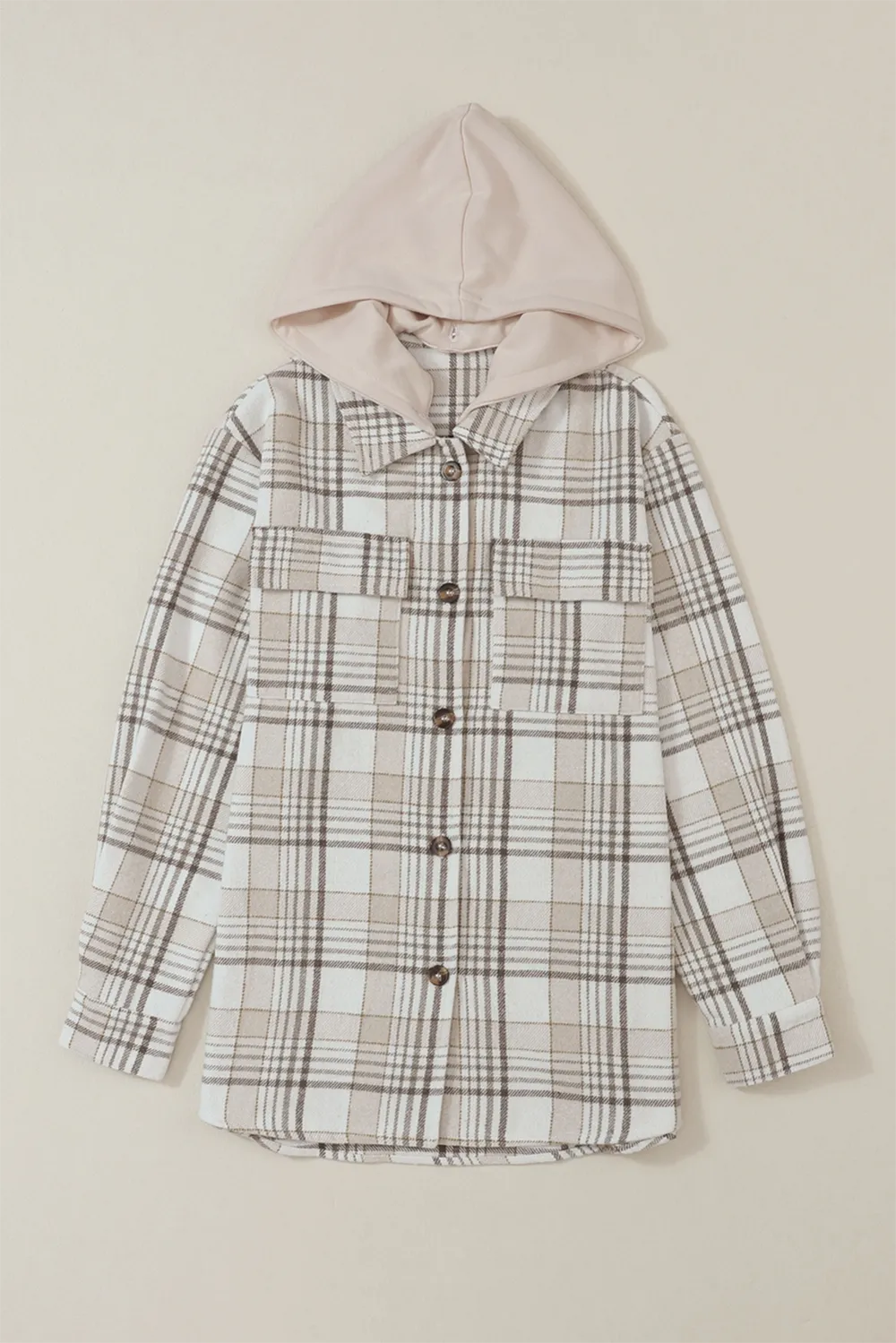 Plaid shacket with removable hood, button-front, and two chest flap pockets (flat lay)