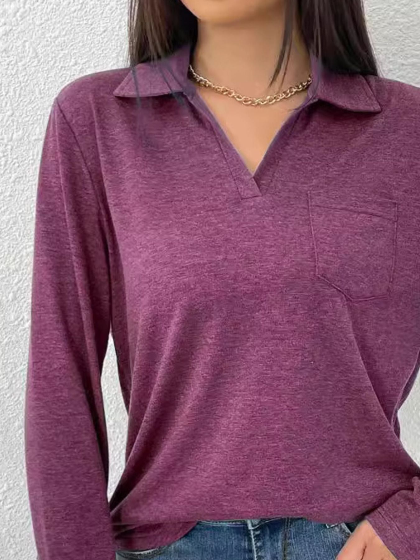Cedar & Moore Collared neck long sleeve T-shirt in plum with chest pocket.