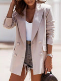 Light neutral lapel long-sleeve blazer with double-breast button front and pockets