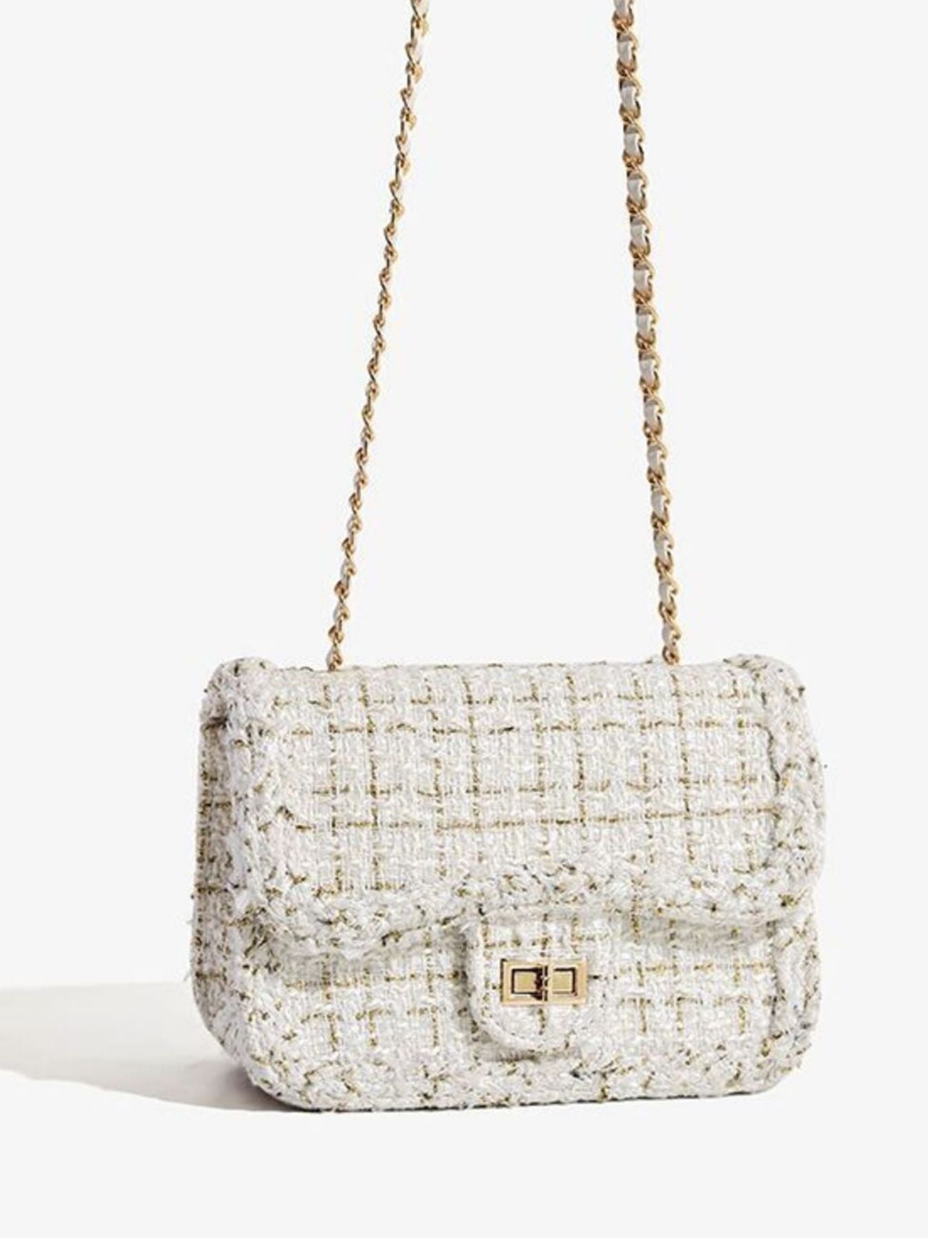 Tweed Chain Shoulder Bag in cream tweed with gold chain strap by Trendsi