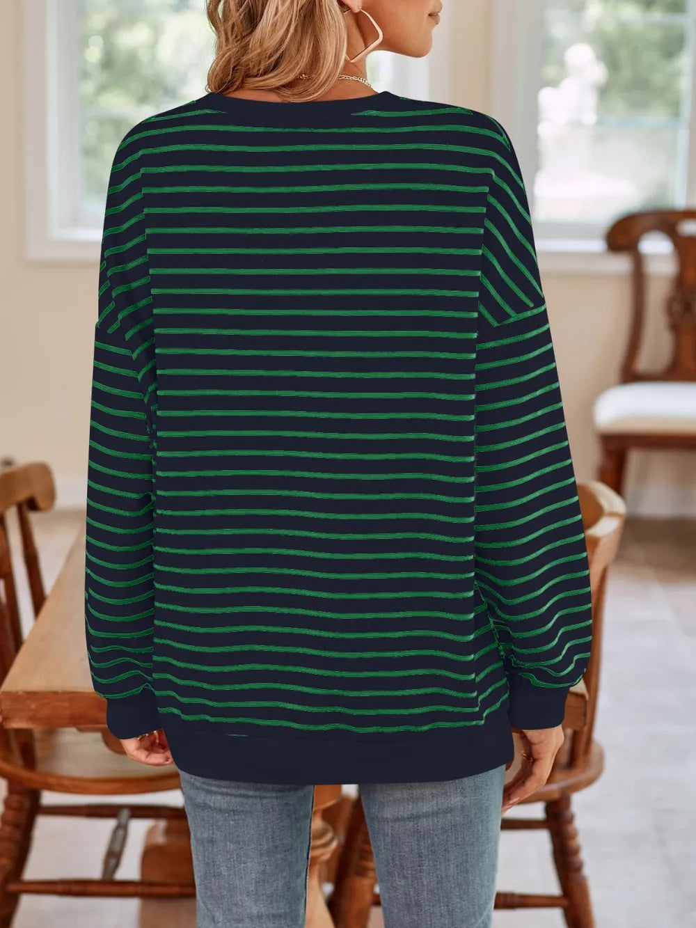 Striped round-neck long-sleeve sweatshirt back view, dark green with thin green stripes