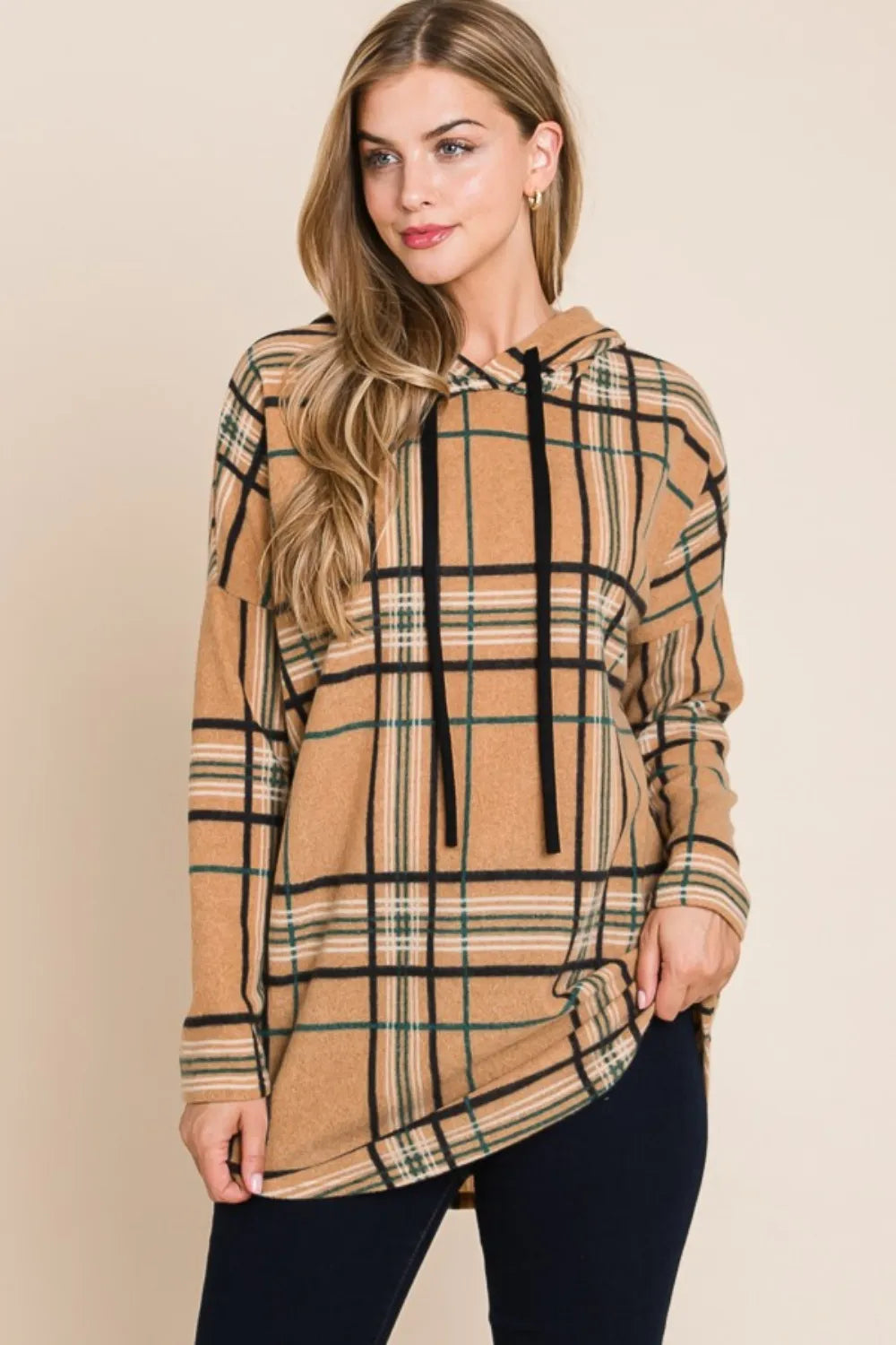 Taupe plaid drawstring hoodie with front kangaroo pocket and black trim