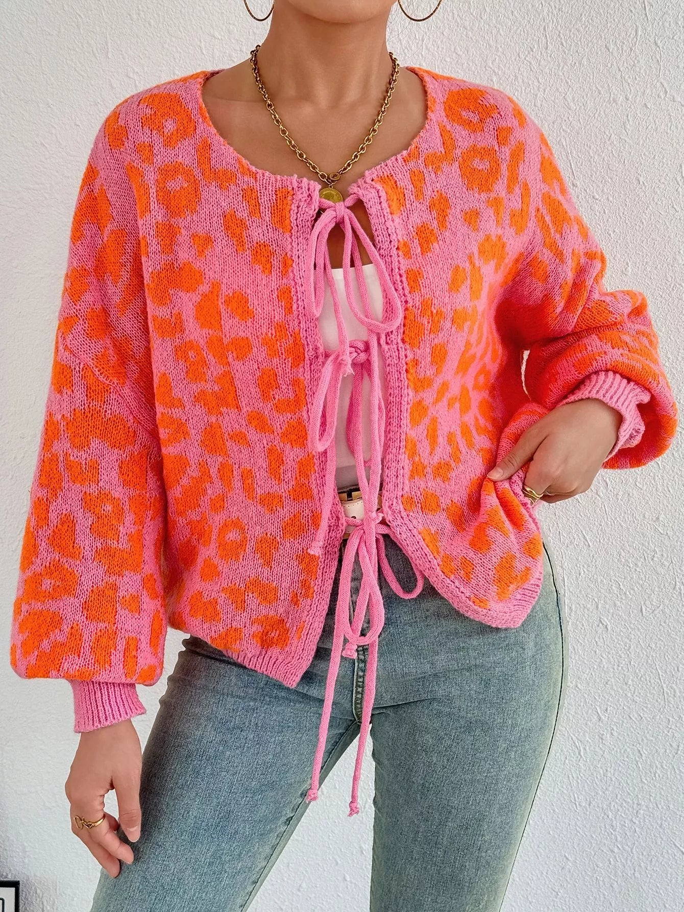 Leopard tie-front cardigan, orange knit with pink lace-up neckline