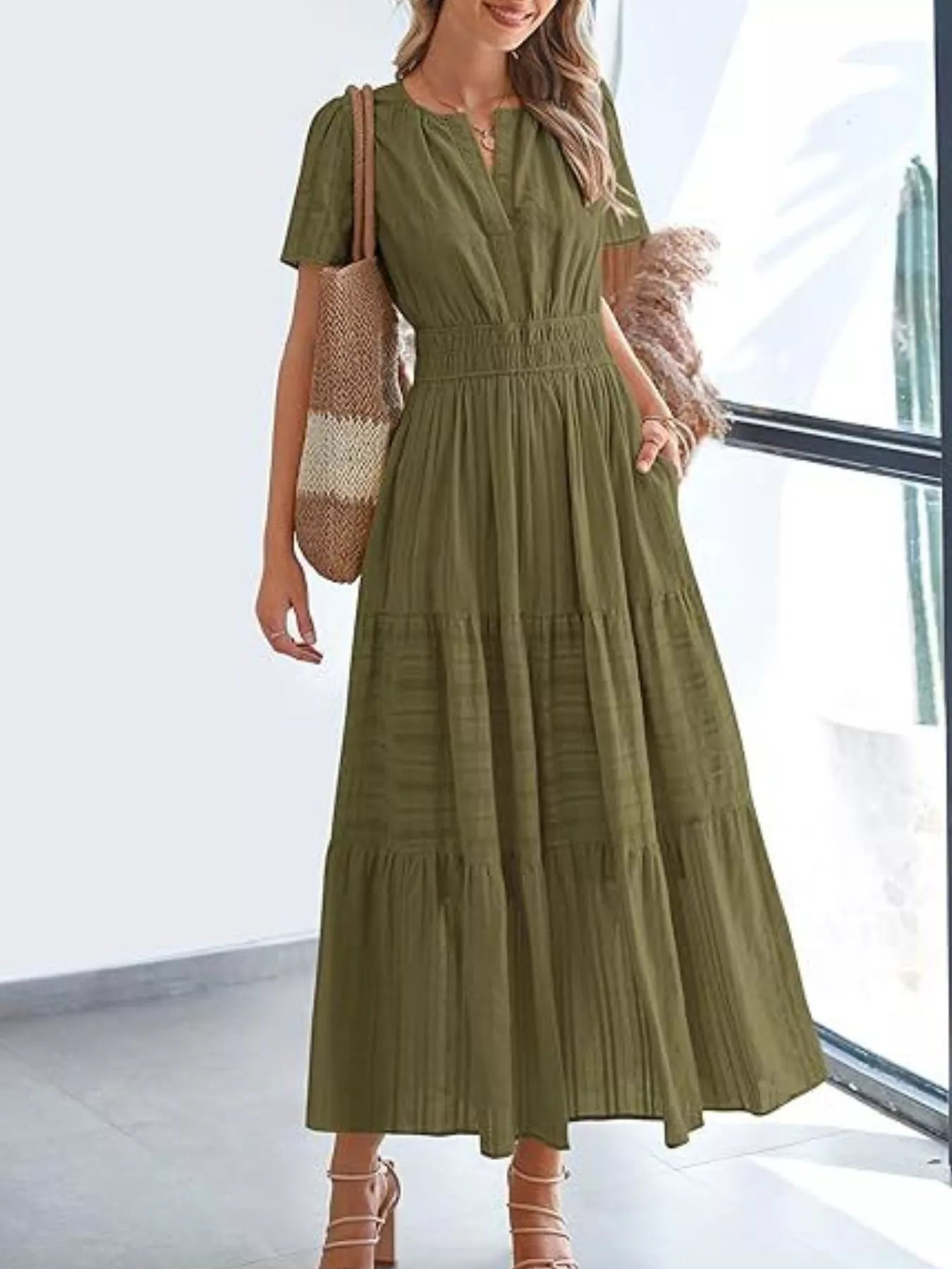 Moss green short sleeve tiered midi dress with V-neck and gathered waist