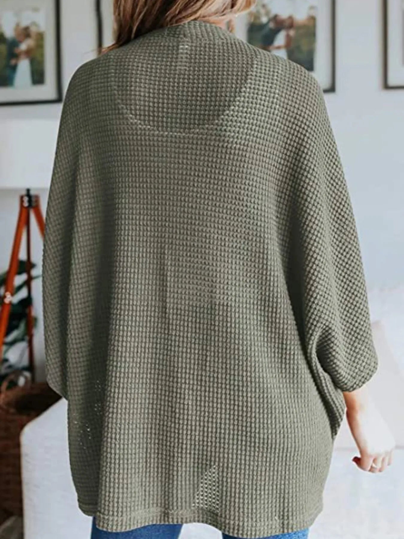 Open back waffle knit cardigan, olive green, relaxed fit, draped dolman sleeves