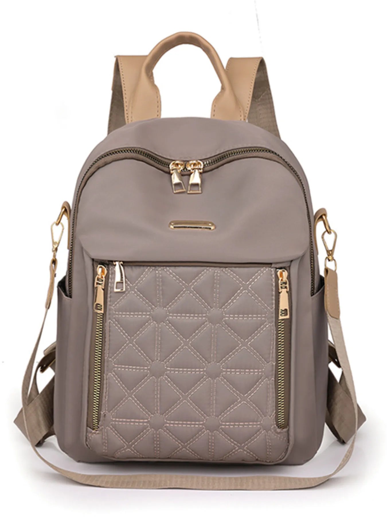 Khaki quilted oxford backpack with top double-zip, quilted front panel, side zips