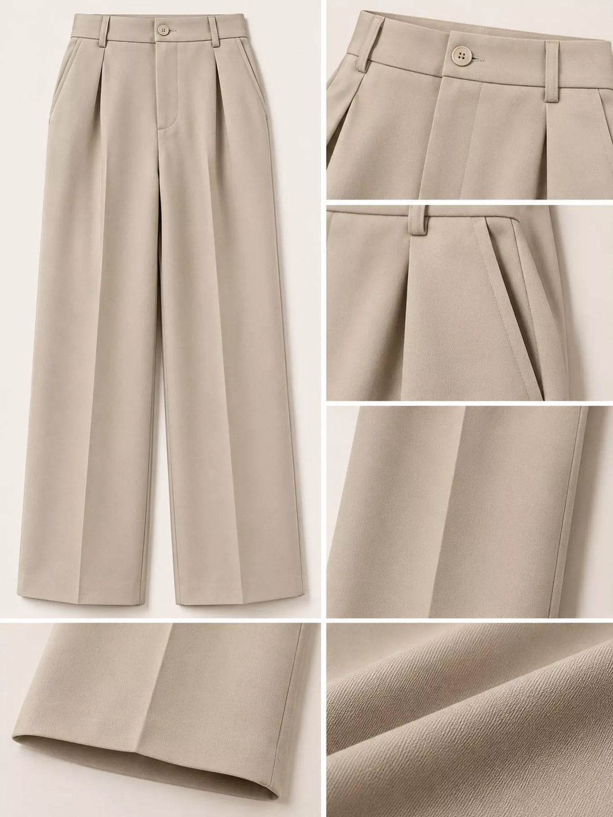 Oat-beige high-waisted pleated wide-leg pants with belt loops and button details