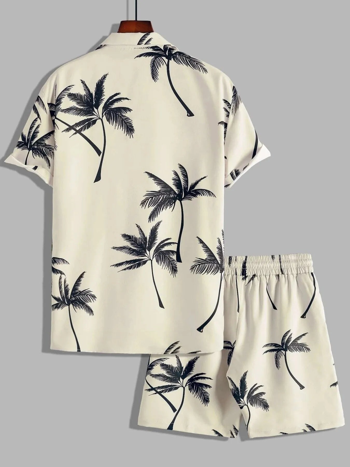 Men's palm print button-up shirt and shorts set, cream with dark palm frond print.