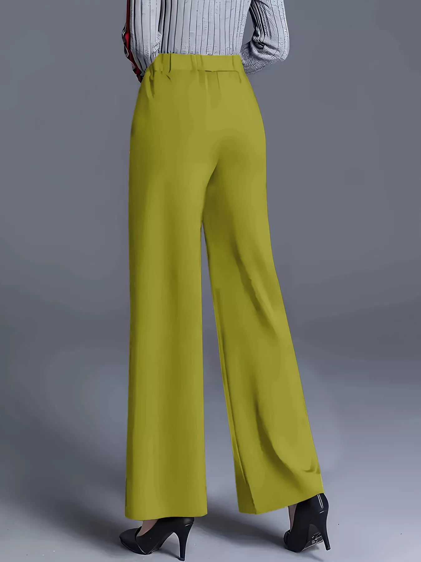 Wide-leg pants with high waist in bright green, smooth front and wide straight legs