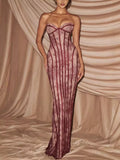 Cedar & Moore strapless lace-up back pink maxi dress by Trendsi with burgundy lace panels
