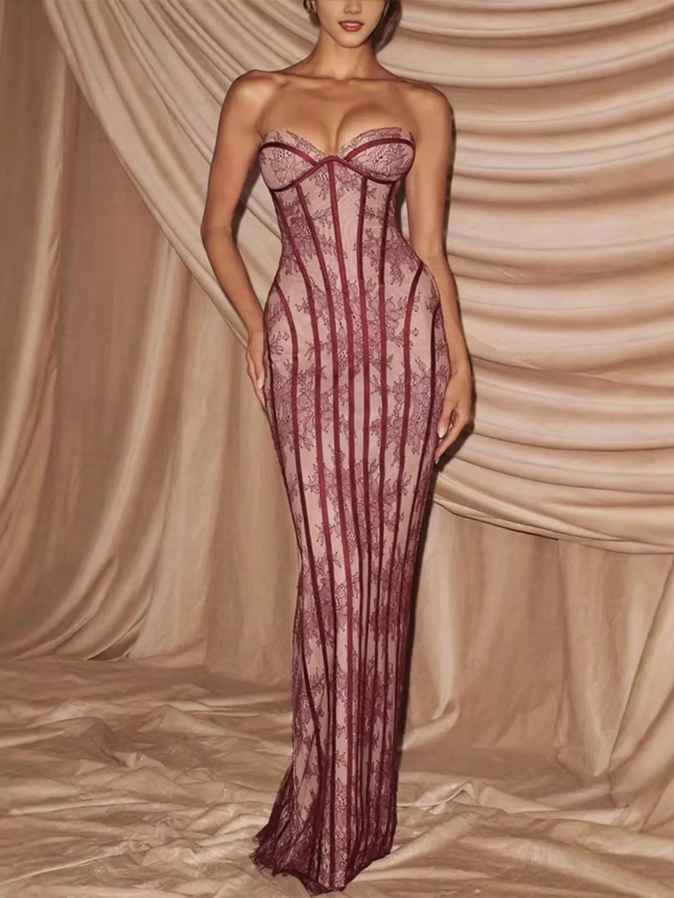Cedar & Moore strapless lace-up back pink maxi dress by Trendsi with burgundy lace panels