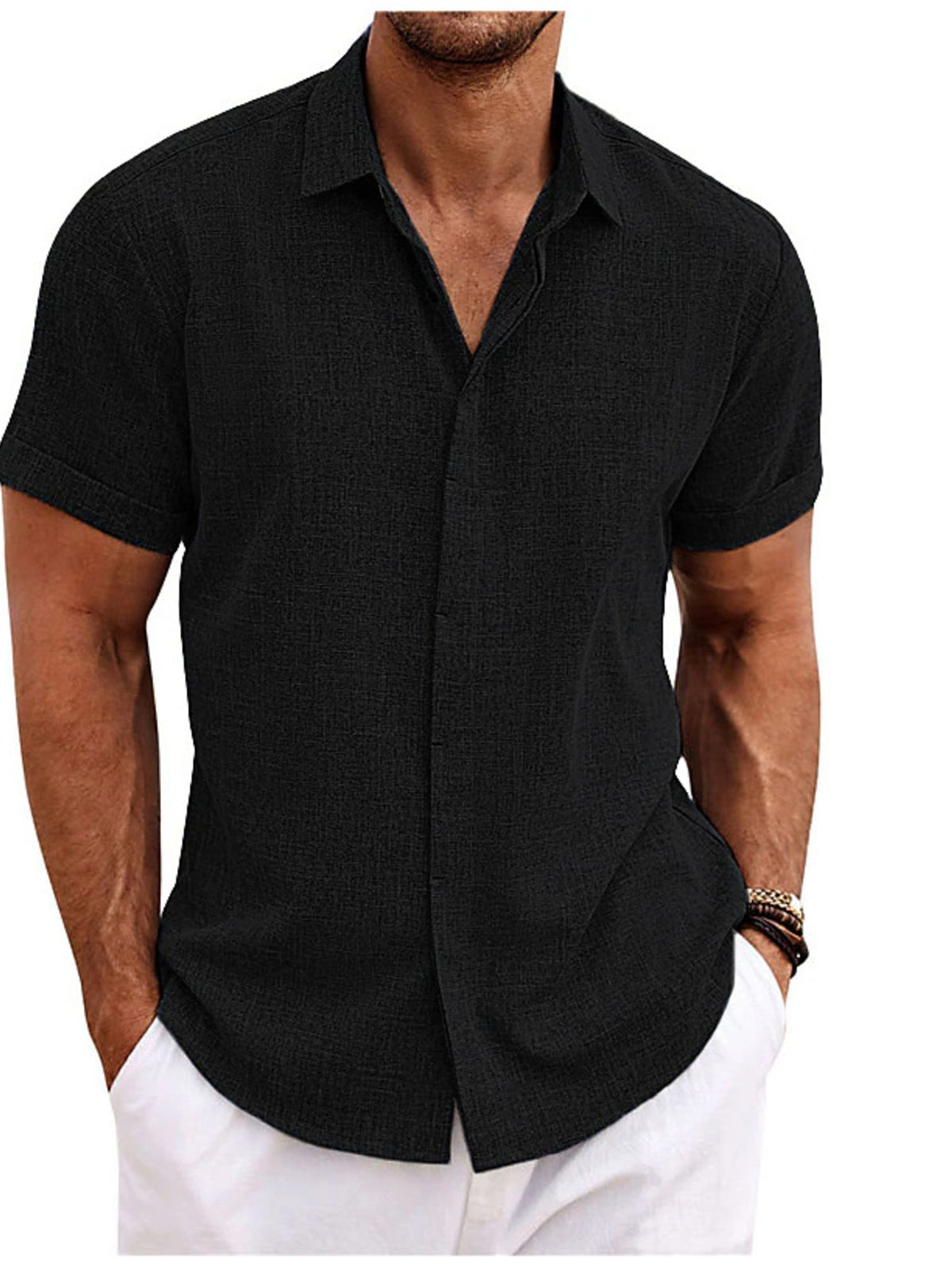 Men's black short-sleeve button-down shirt with collar and button front