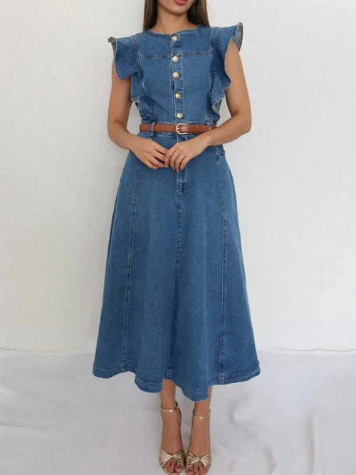 Denim midi dress with button front, ruffle sleeves, and tan-buckle waist belt