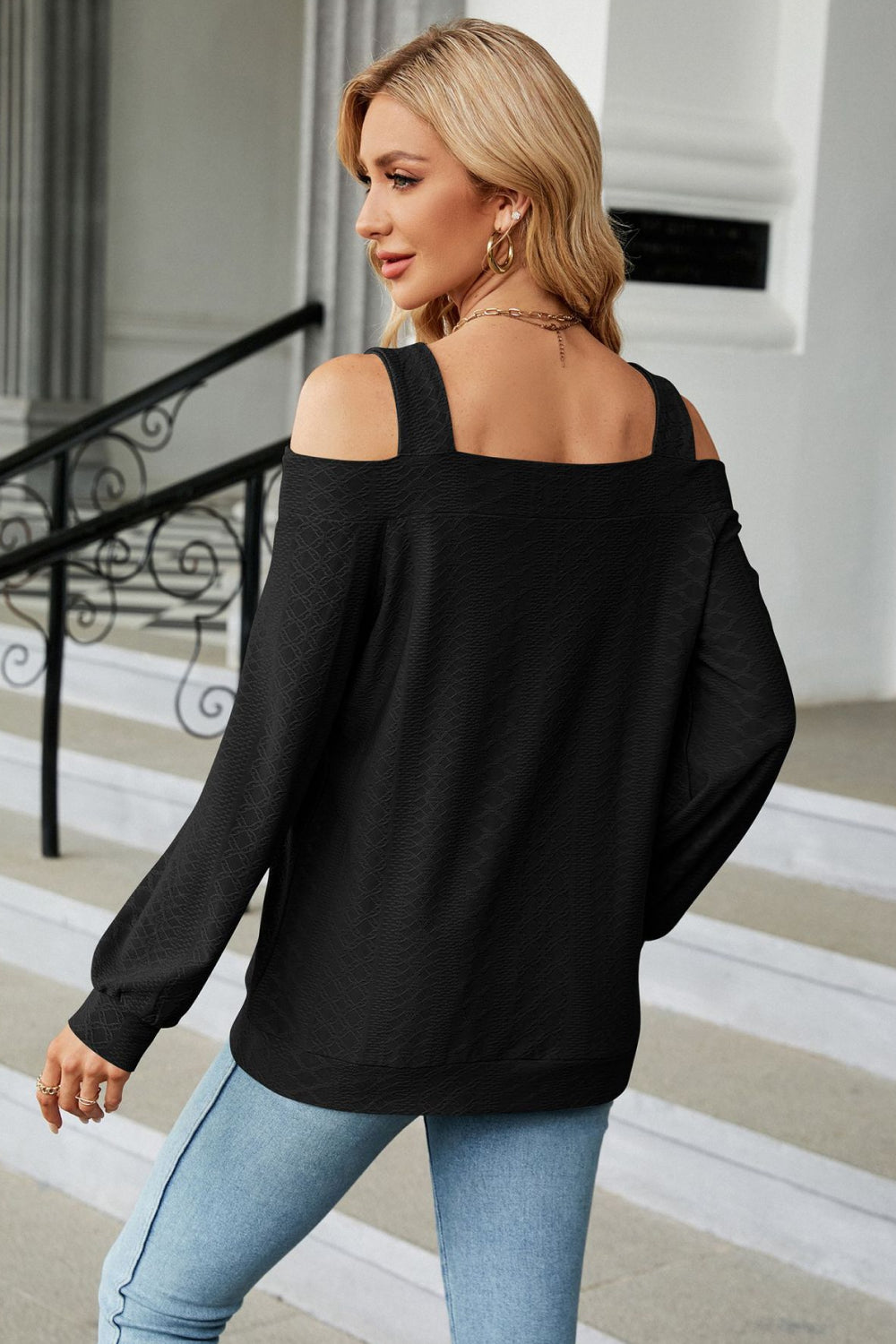 Black cold shoulder square-neck cutout blouse, long sleeves