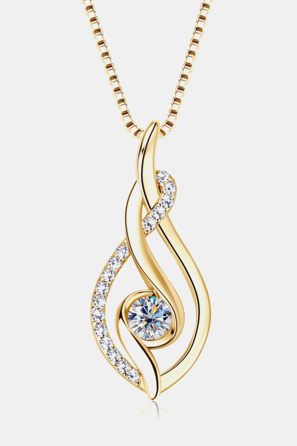 Gold moissanite necklace with double teardrop pendant and round center stone