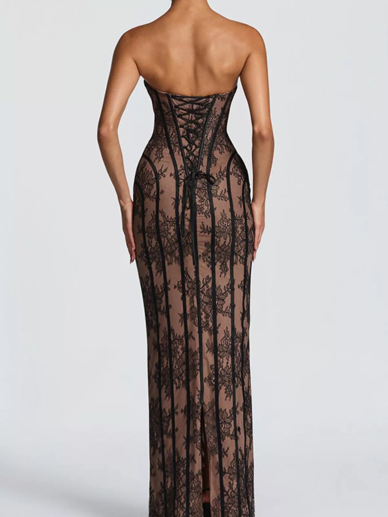 Cedar & Moore Lace Up Back Strapless Maxi Dress, black lace over nude lining with corset-style back by Trendsi