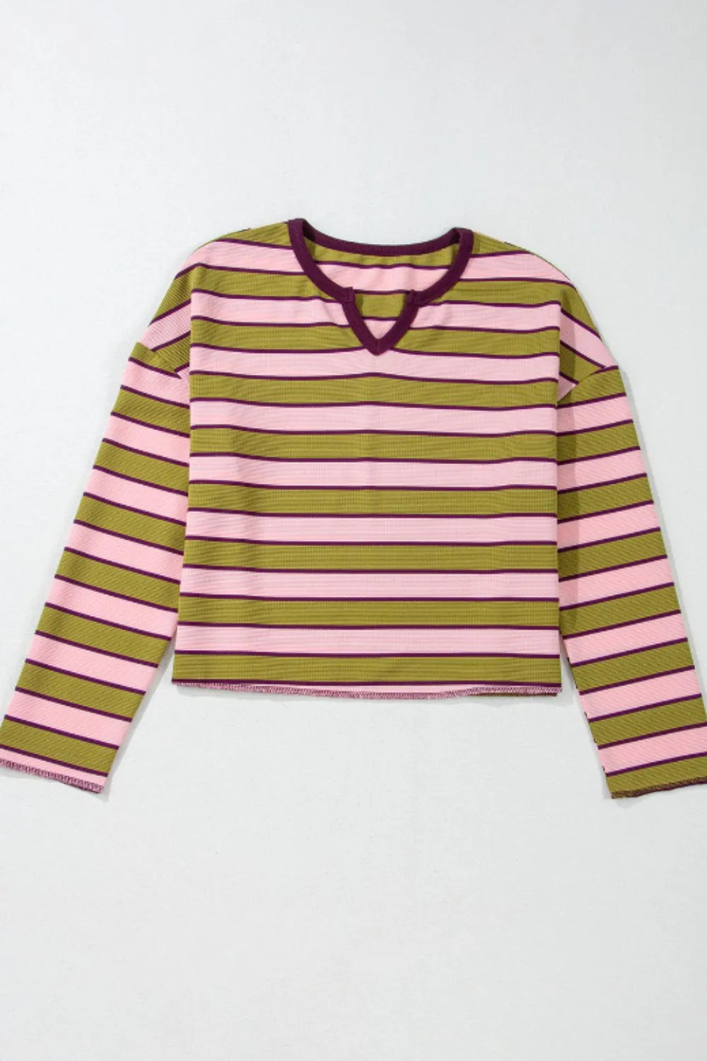 Striped long-sleeve T-shirt with notched neckline, pink and green and purple stripe pattern