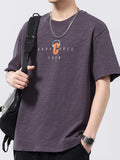 Men's plus size T-shirt, dark purple, round neck, short sleeves, chest graphic