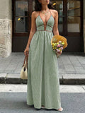 Cedar & Moore Striped Halter Neck Maxi Dress in green/white, smocked bodice, tied waist