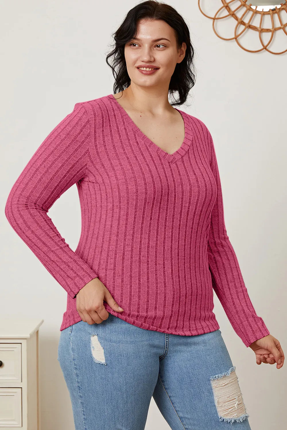 Cedar & Moore Basic Bae full-size ribbed V-neck long sleeve T-shirt in pink knit by Trendsi