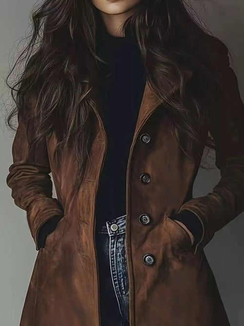 Brown trench coat close-up with double-breasted buttons and flap chest pocket