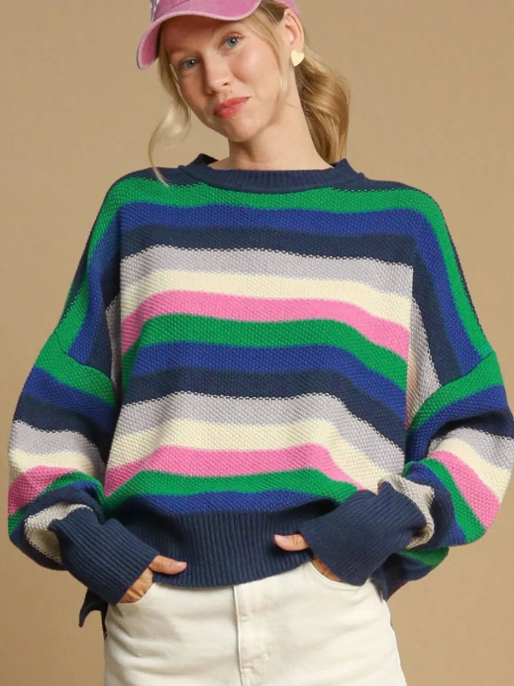Striped round-neck long-sleeve sweater with navy, green, blue, white, and pink bands