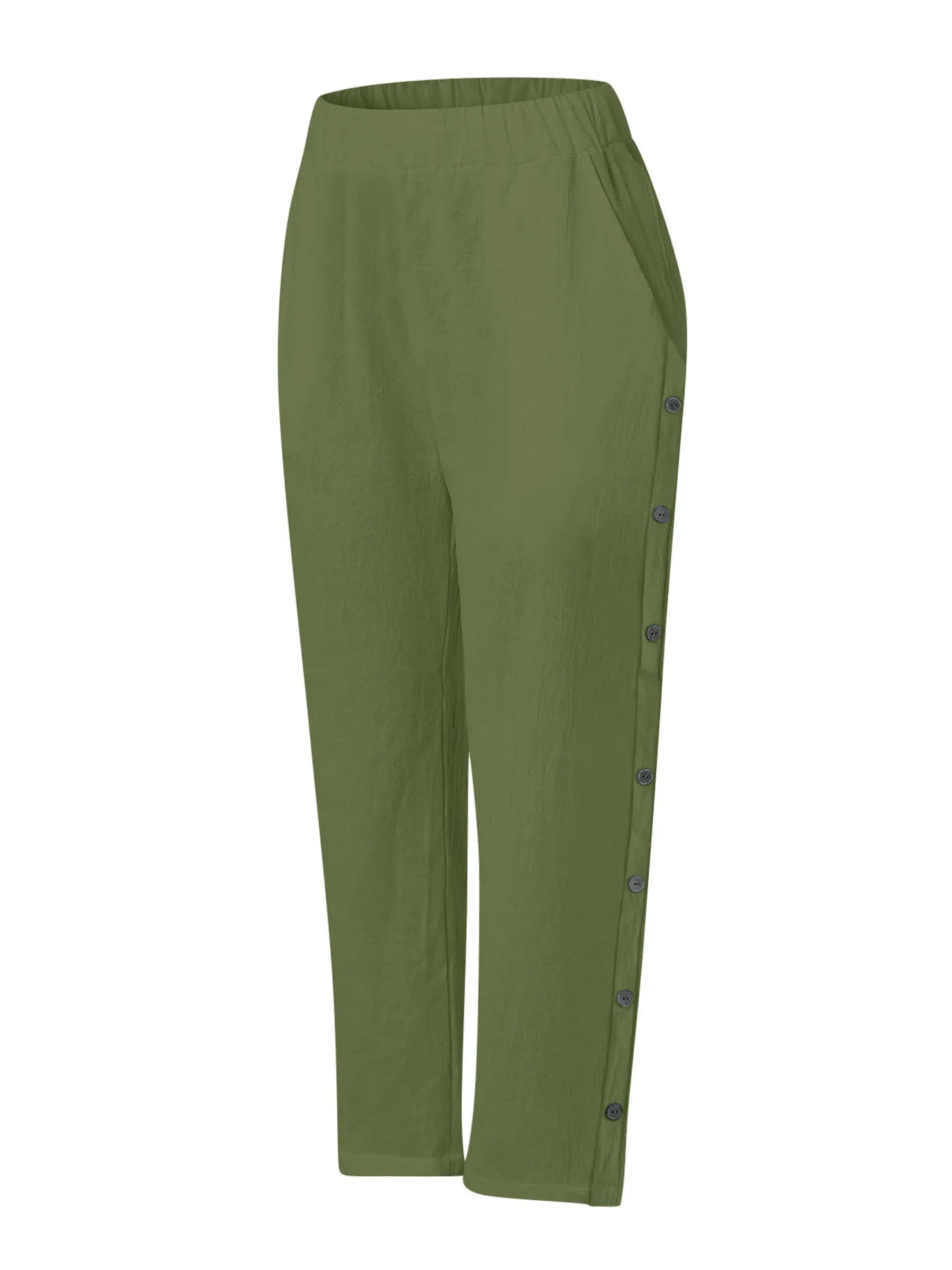 Green casual wide-leg pants with side buttons and an elastic waist