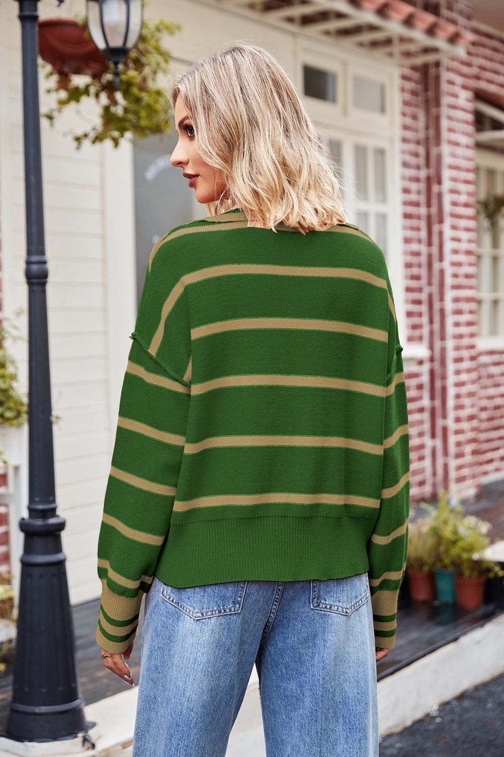 Striped Johnny collar sweater, green with tan horizontal stripes, long sleeves