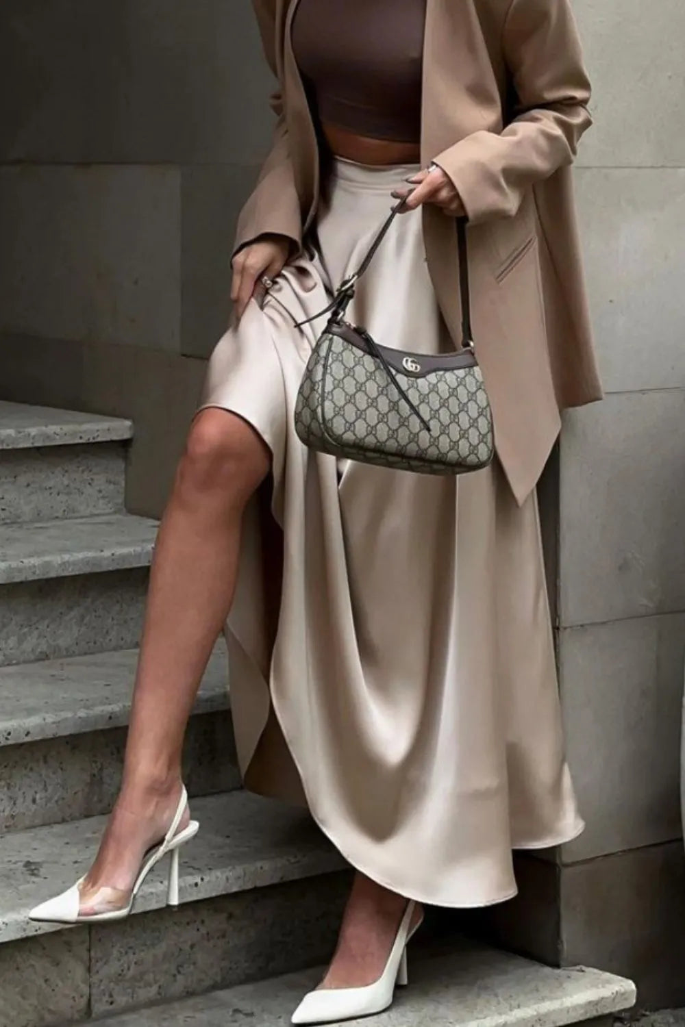 Khaki satin midi skirt with elastic back waist, gathered top and flared lower skirt