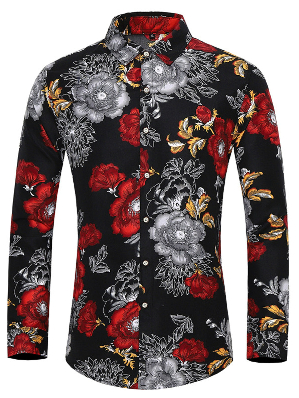 Men's black floral button-down shirt with red flowers, long sleeves, button front