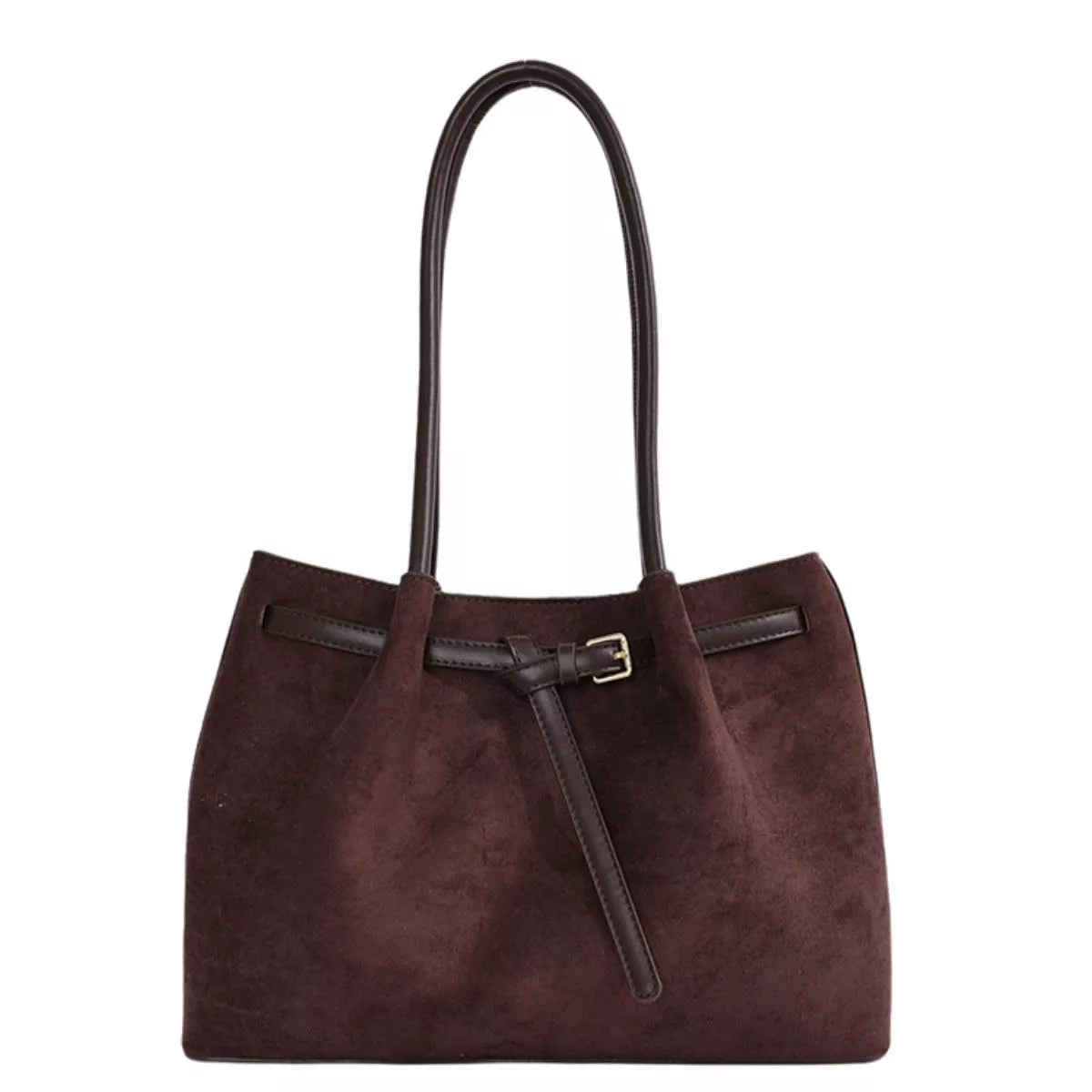 Dark brown suede shoulder bag, structured tote shape, top handles, and front strap pocket