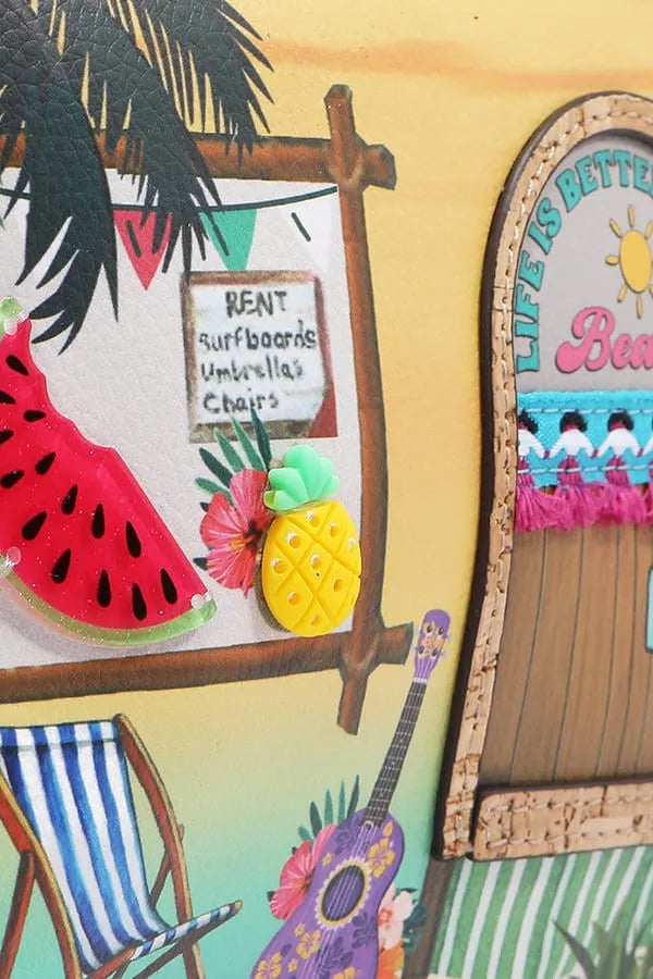 Decorative beach house patch with watermelon slice, fruit accents, and palm prints.