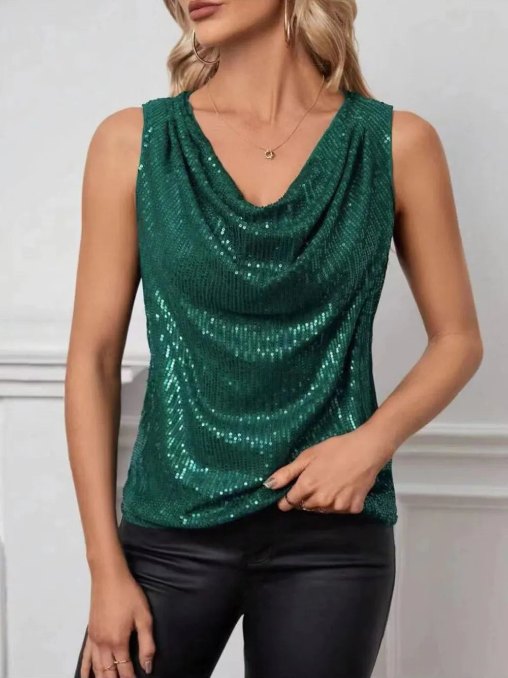 Dark green sequin sleeveless tank with draped cowl neckline, front view
