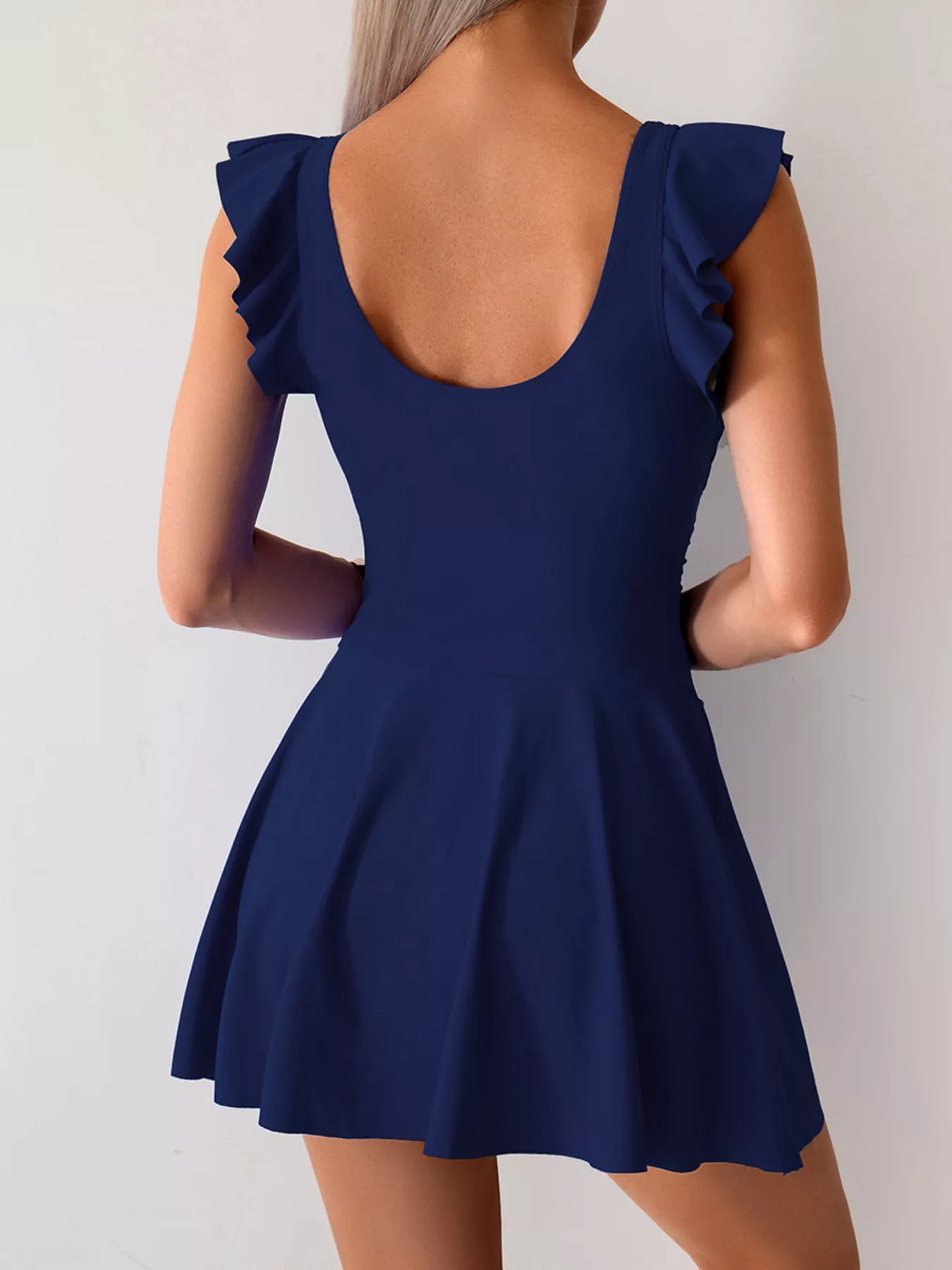 Ruffled Sleeve One-Piece Swim Dress navy by Trendsi with scoop back