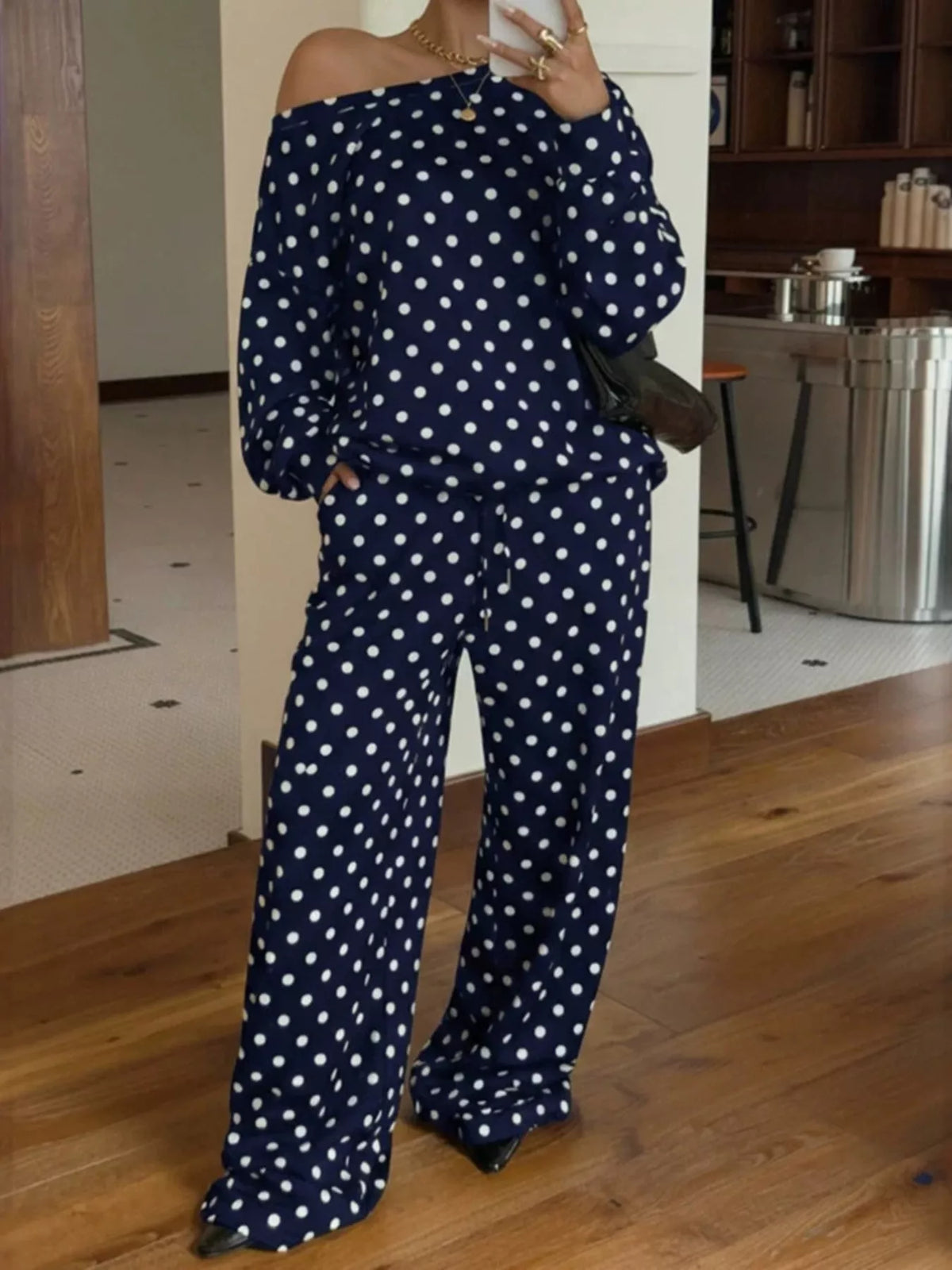 Navy polka dot off-shoulder long-sleeve two-piece set with wide-leg pants