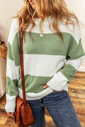 Green and white color-block knit sweater, round neck, drop-shoulder, long sleeves