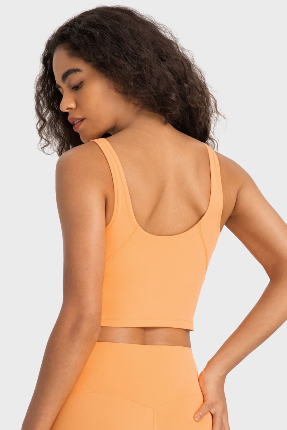 Orange crop sports bra with open scoop back and wide racerback straps