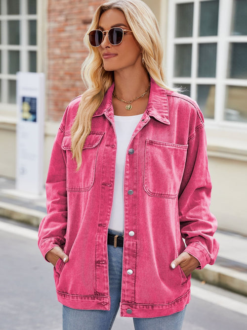 Hot pink denim button-up jacket with two chest pockets and snap-front placket