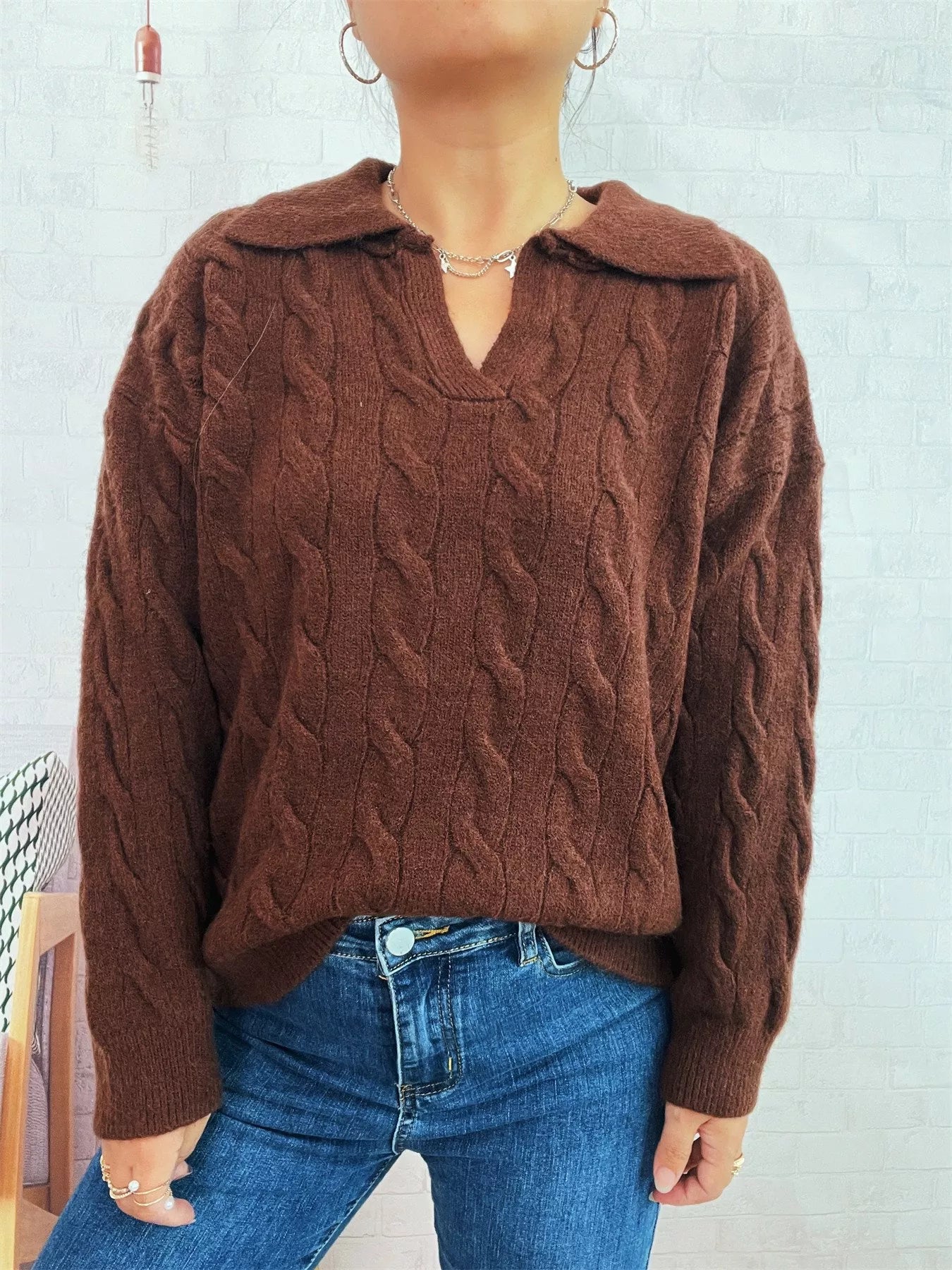 Cable knit Johnny collar sweater, dark brown with cable pattern and V neckline